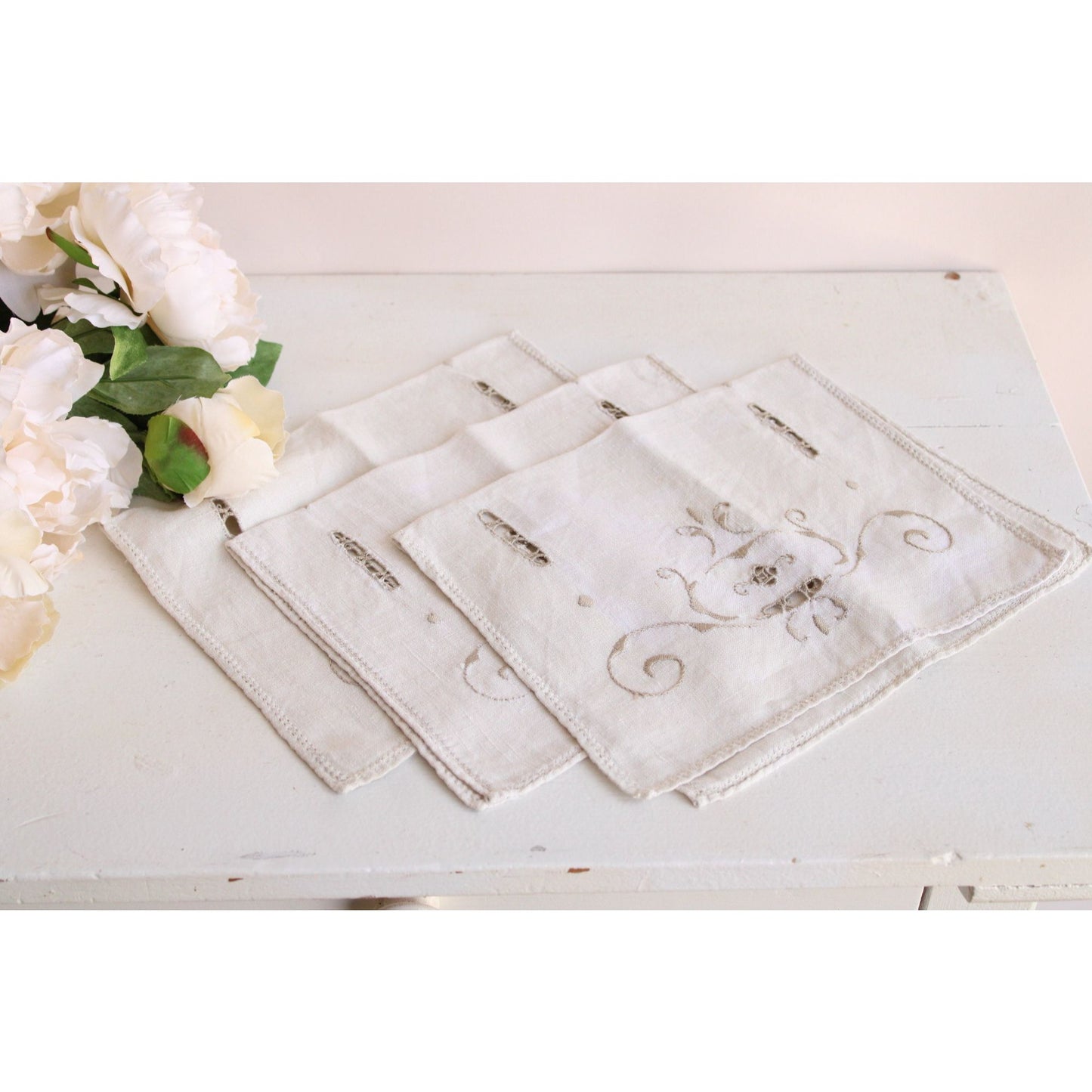 Vintage Set of Three 1930s Embroidered Linen Placemats