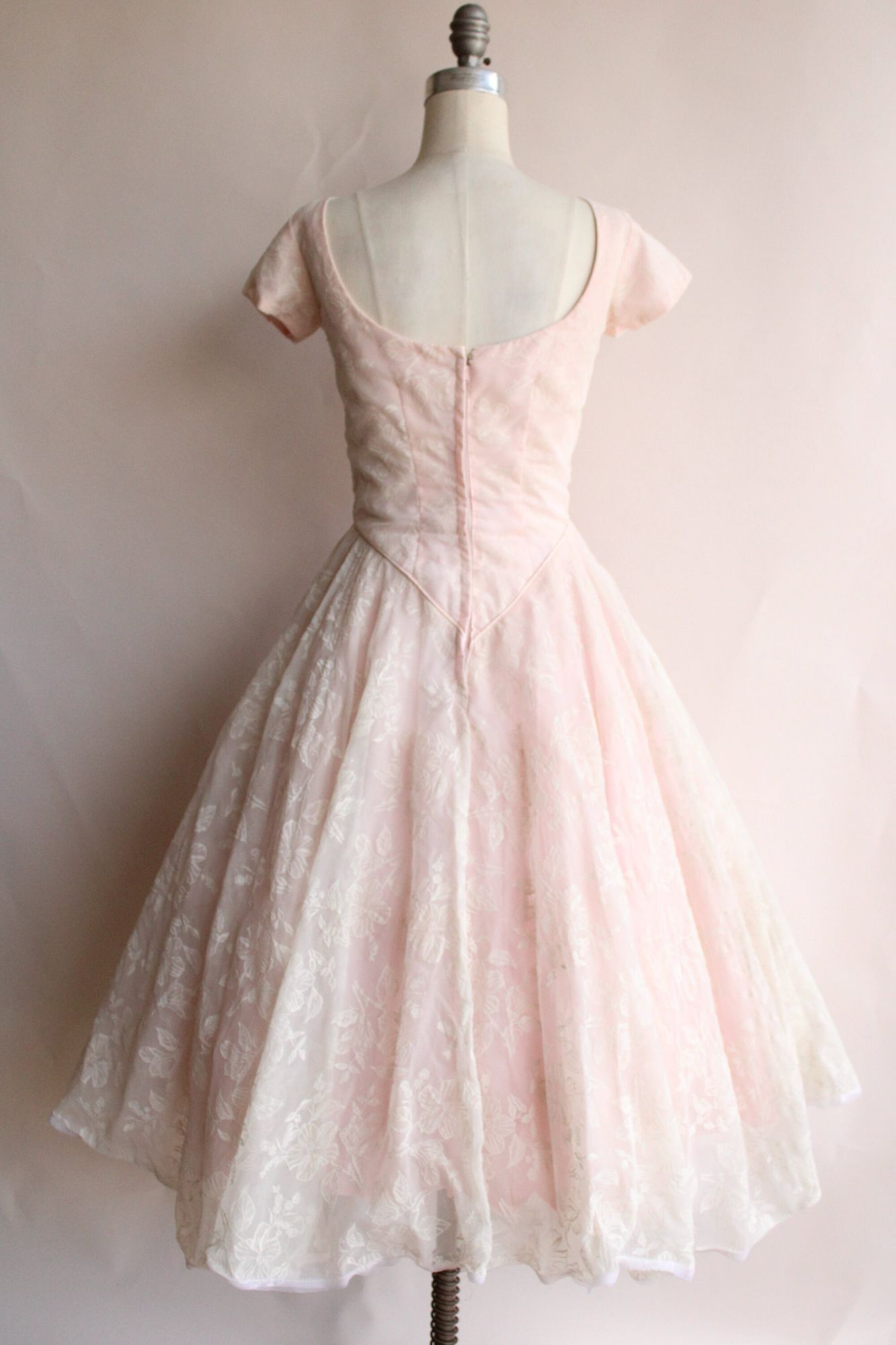 Vintage 1950s Pink and White Floral Fit And Flare Party Dress