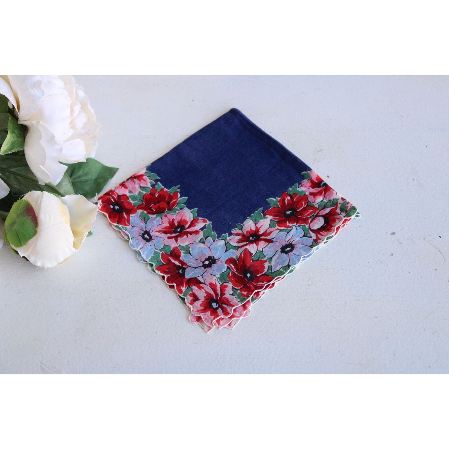 Vintage Navy Blue Cotton With Red Floral Print Hankie