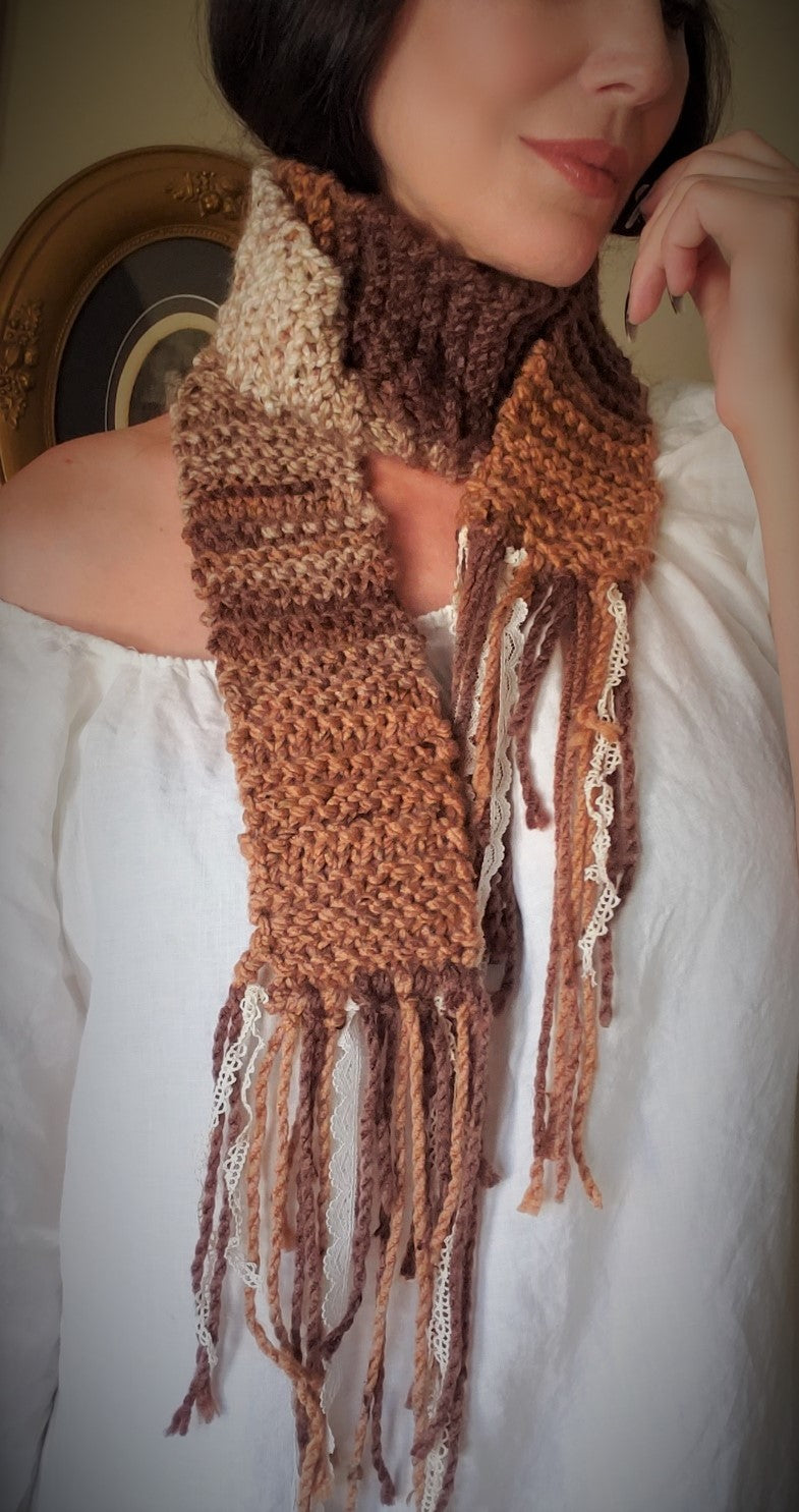 The "Autumn Tree" Knit Scarf with Vintage Lace Fringe