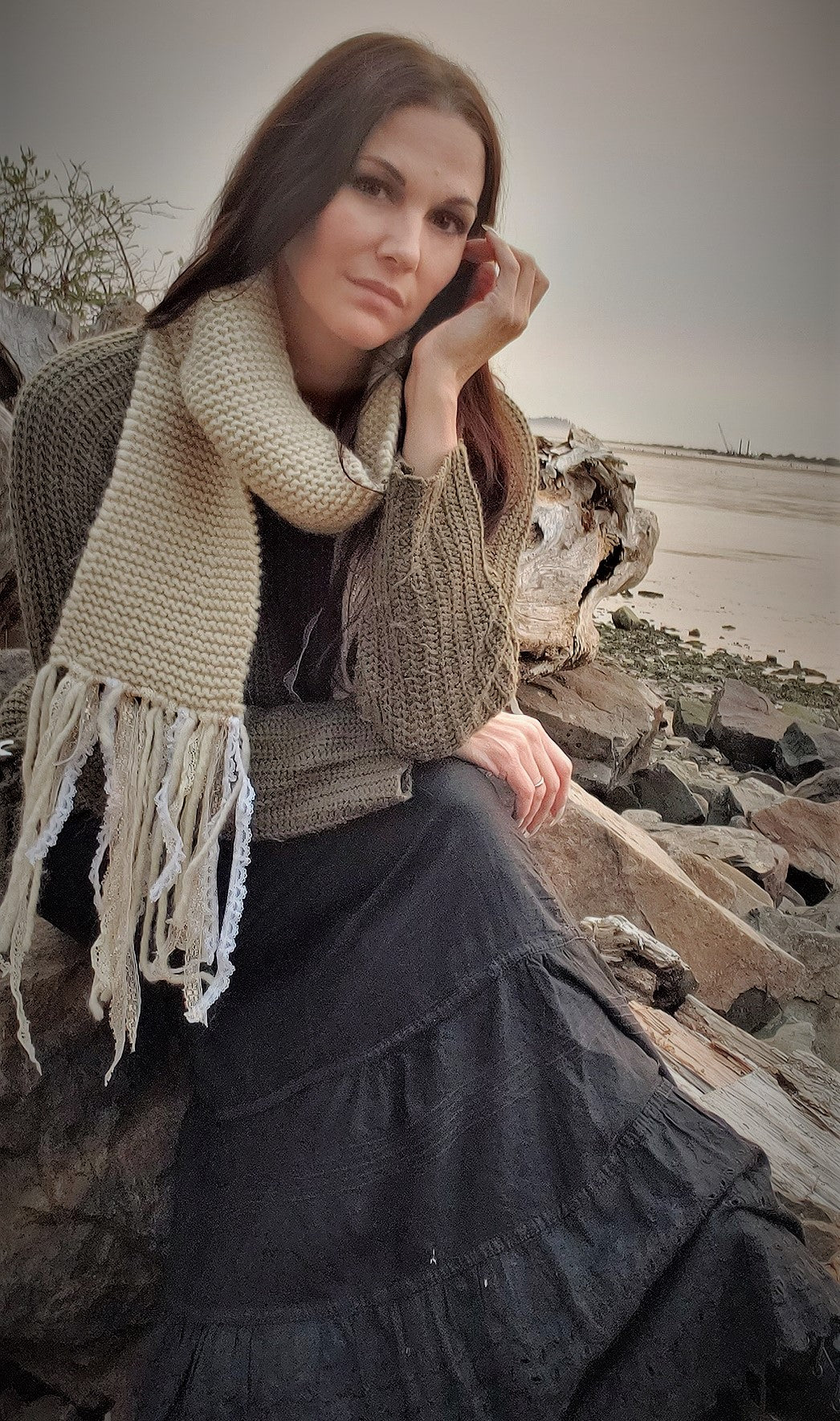 The "Fawn" Cream Knit Scarf with Vintage Lace Fringe