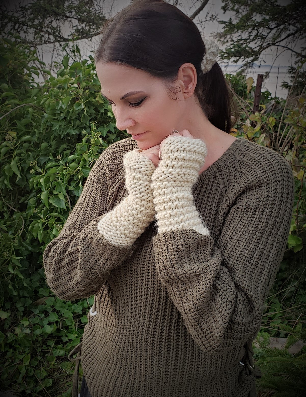The "Fawn" Handknit Cream Fingerless Gloves