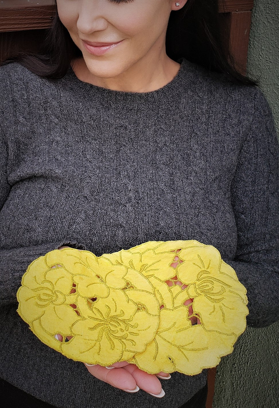 Set of Two Hand Plant Dyed Vintage Doilies in Sunny Yellow