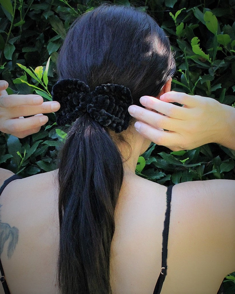 Handknit "Grim" Black Velvet Color Hair Bow