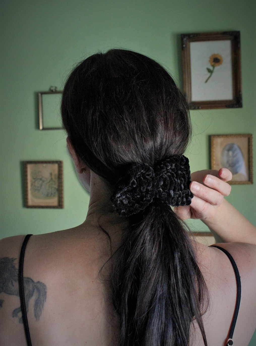 Handknit "Grim" Black Velvet Color Hair Bow