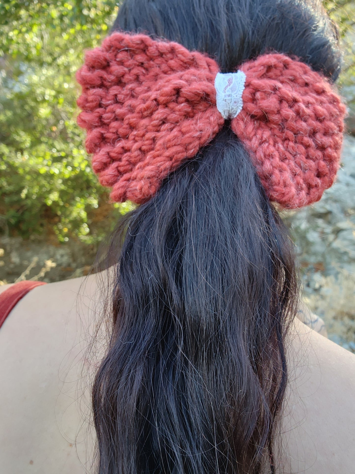 Handknit "Foxtail" Rust Color Hair Bow with Vintage Lace
