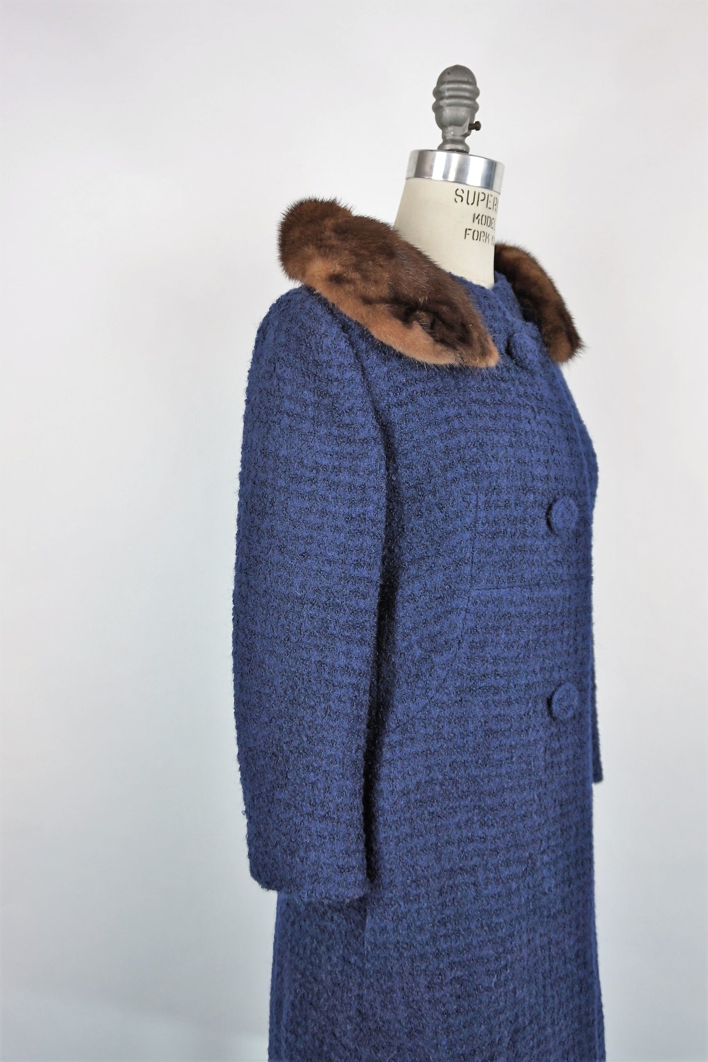 Vintage 1960s Navy Blue Wool Coat With Fur Collar