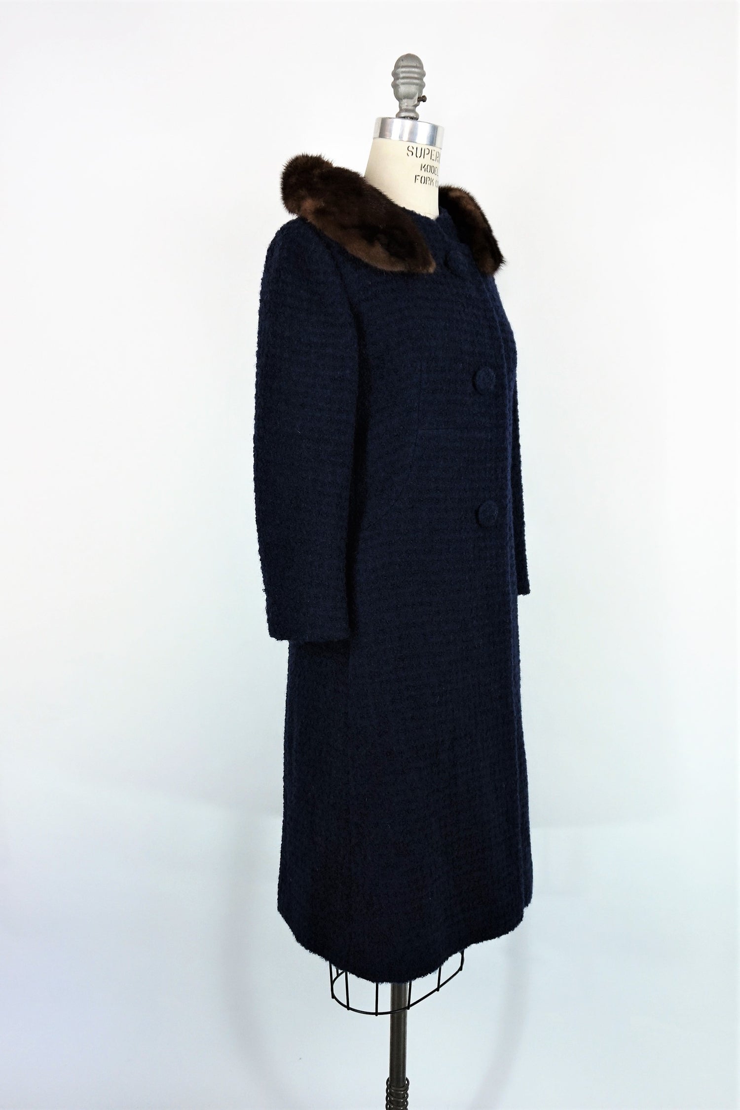 Vintage 1960s Navy Blue Wool Coat With Fur Collar