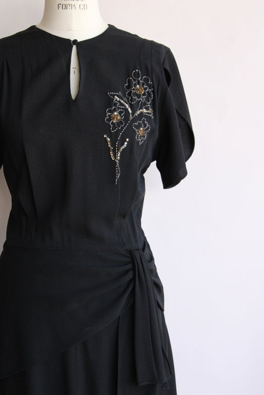Vintage 1940s Dress with Bead Flower and Peplum