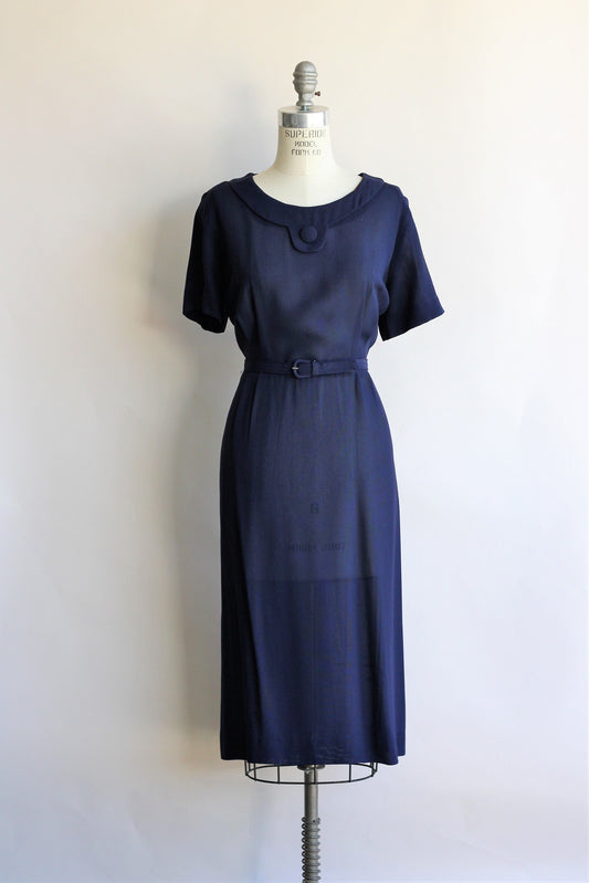 Vintage 1940s Navy Blue Rayon Dress With Belt