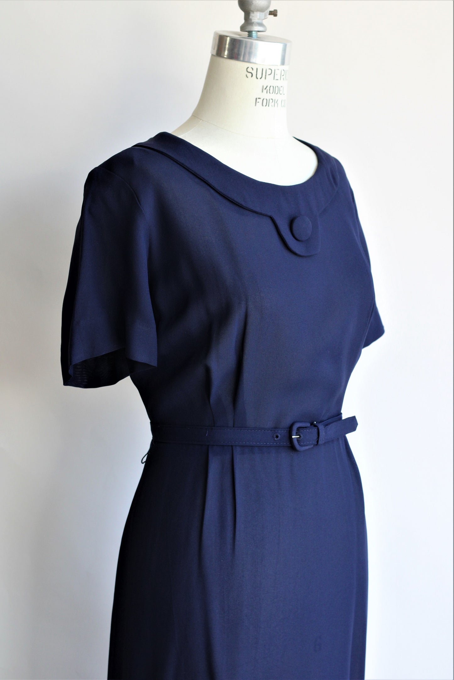 Vintage 1940s Navy Blue Rayon Dress With Belt
