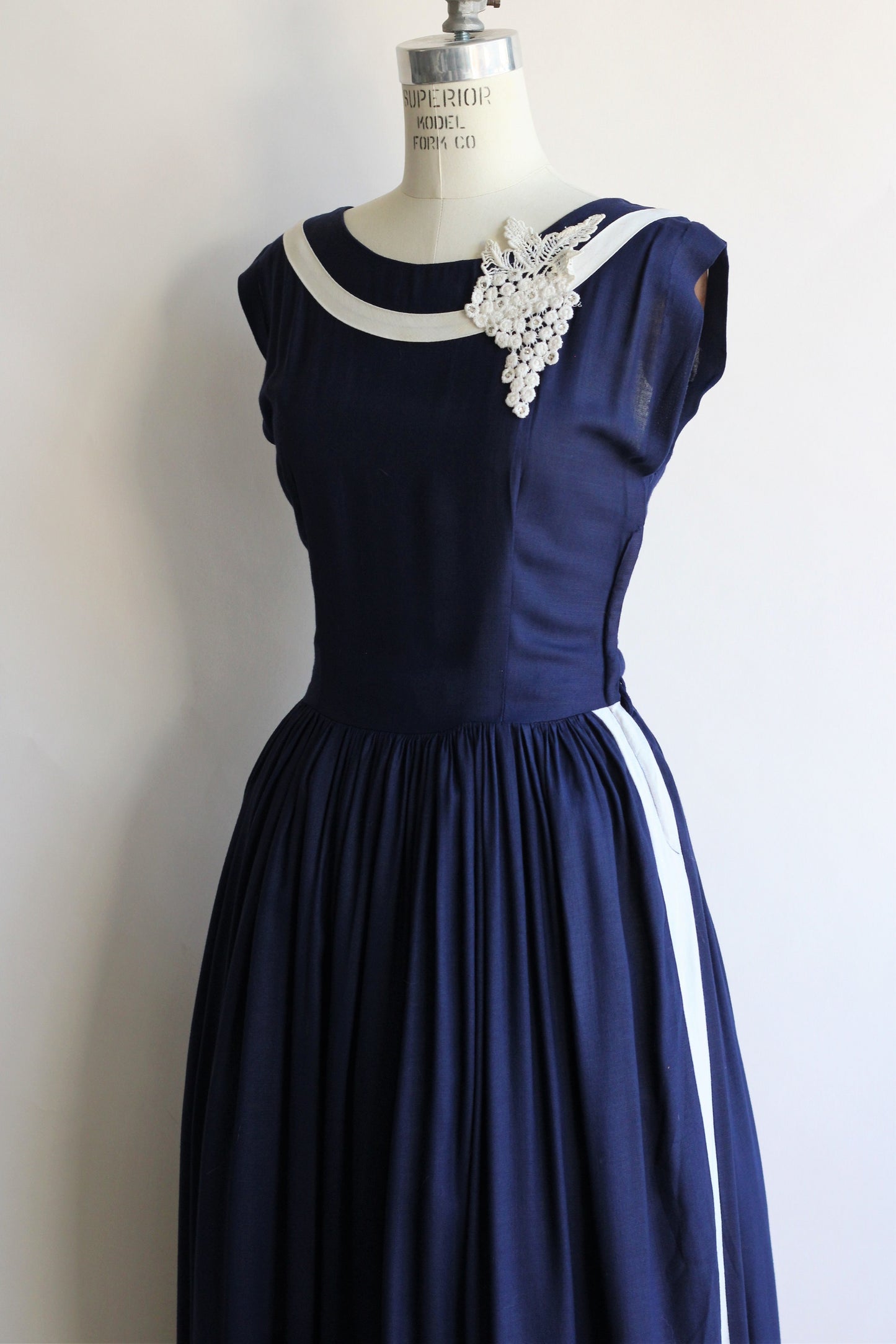 1950s Navy Blue Dress with White Appliques and Stripe