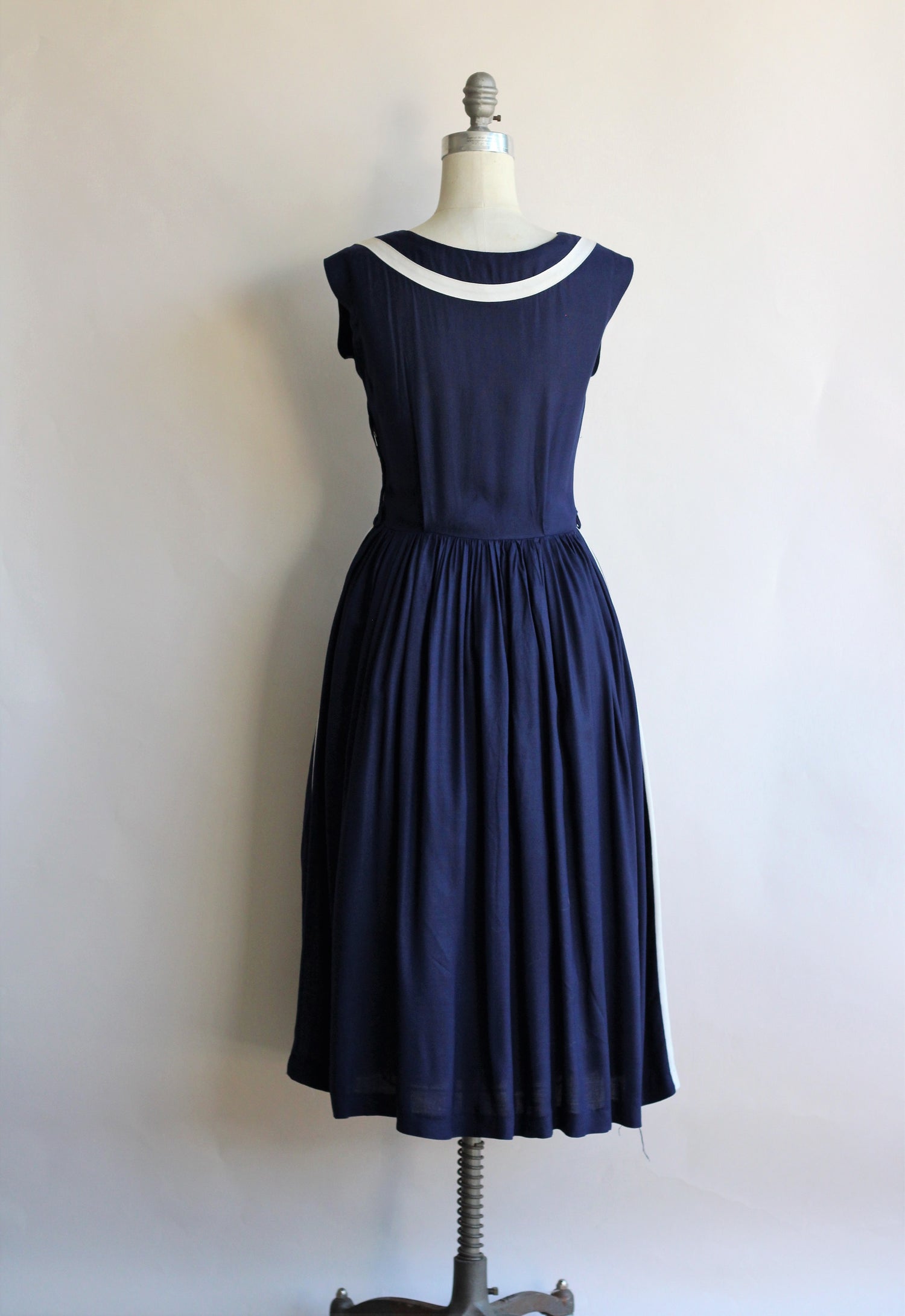 1950s Navy Blue Dress with White Appliques and Stripe