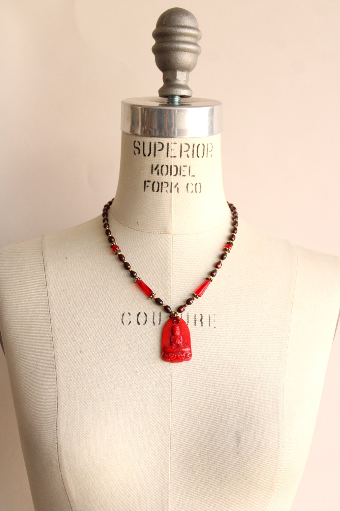 Vintage Buddha Necklace with Red Stone Carved Pendant