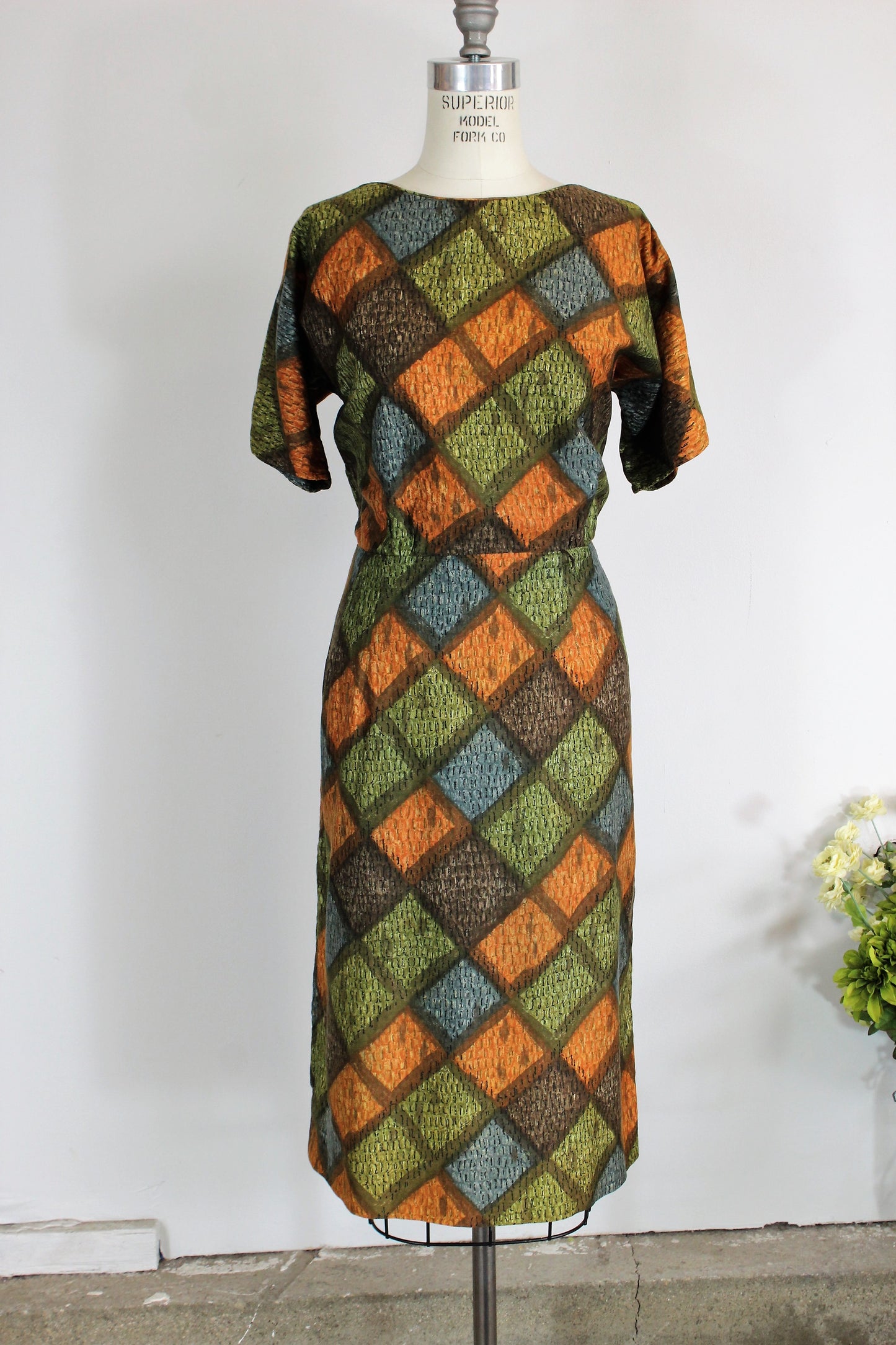 Vintage 1950s Wiggle Dress Harlequin Print By Bullock's Wilshire Casual Shops