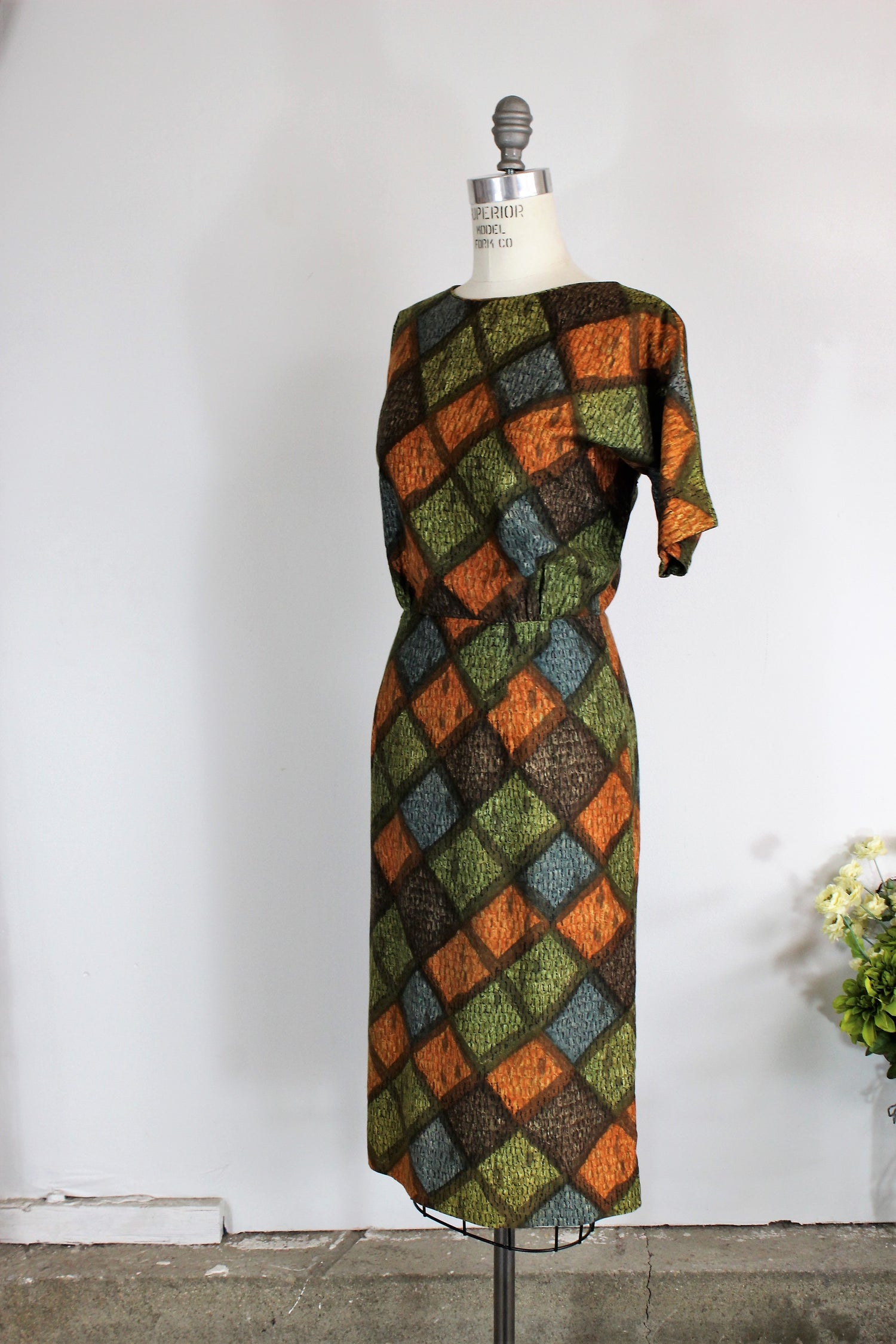 Vintage 1950s Wiggle Dress Harlequin Print By Bullock's Wilshire Casual Shops