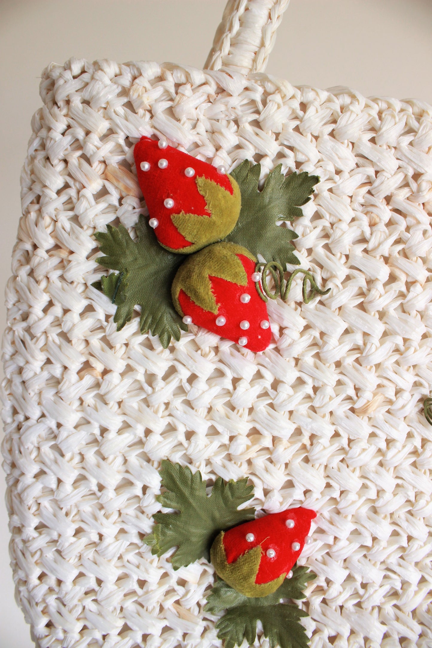 Vintage 1960s White Straw Purse With Strawberries by Magid