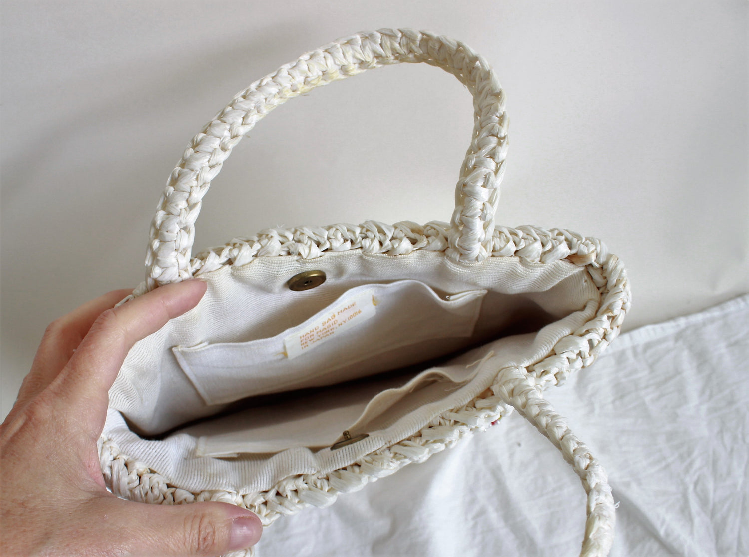 Vintage 1960s White Straw Purse With Strawberries by Magid