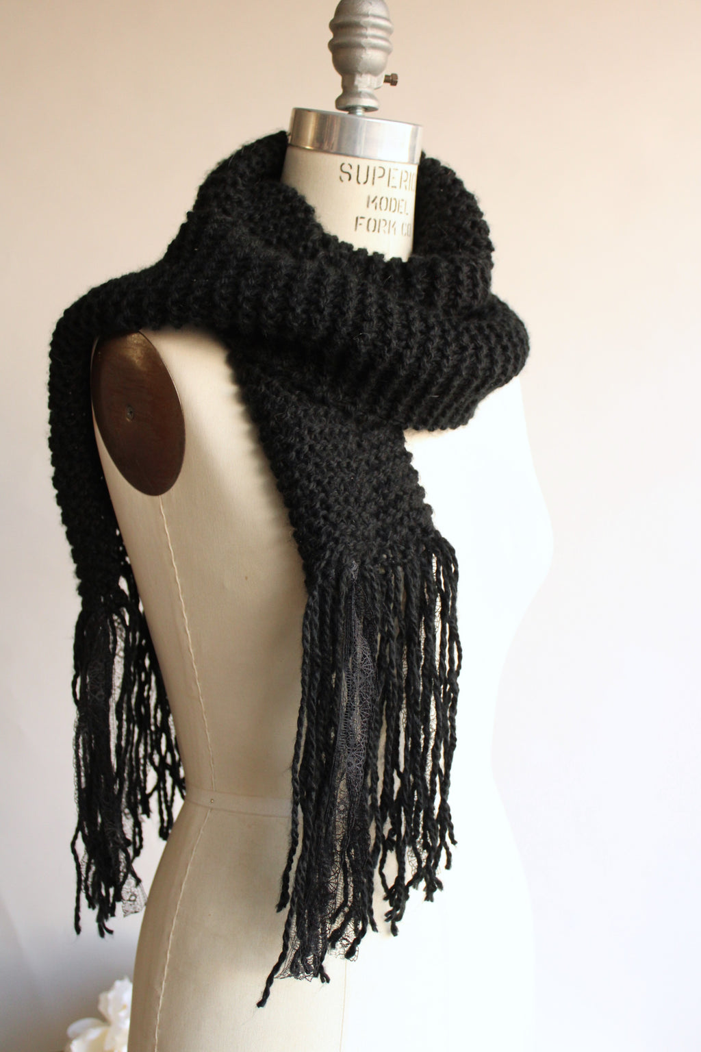 Handknit "The Peculiar" Black HandKnit  Scarf With Lace Fringe