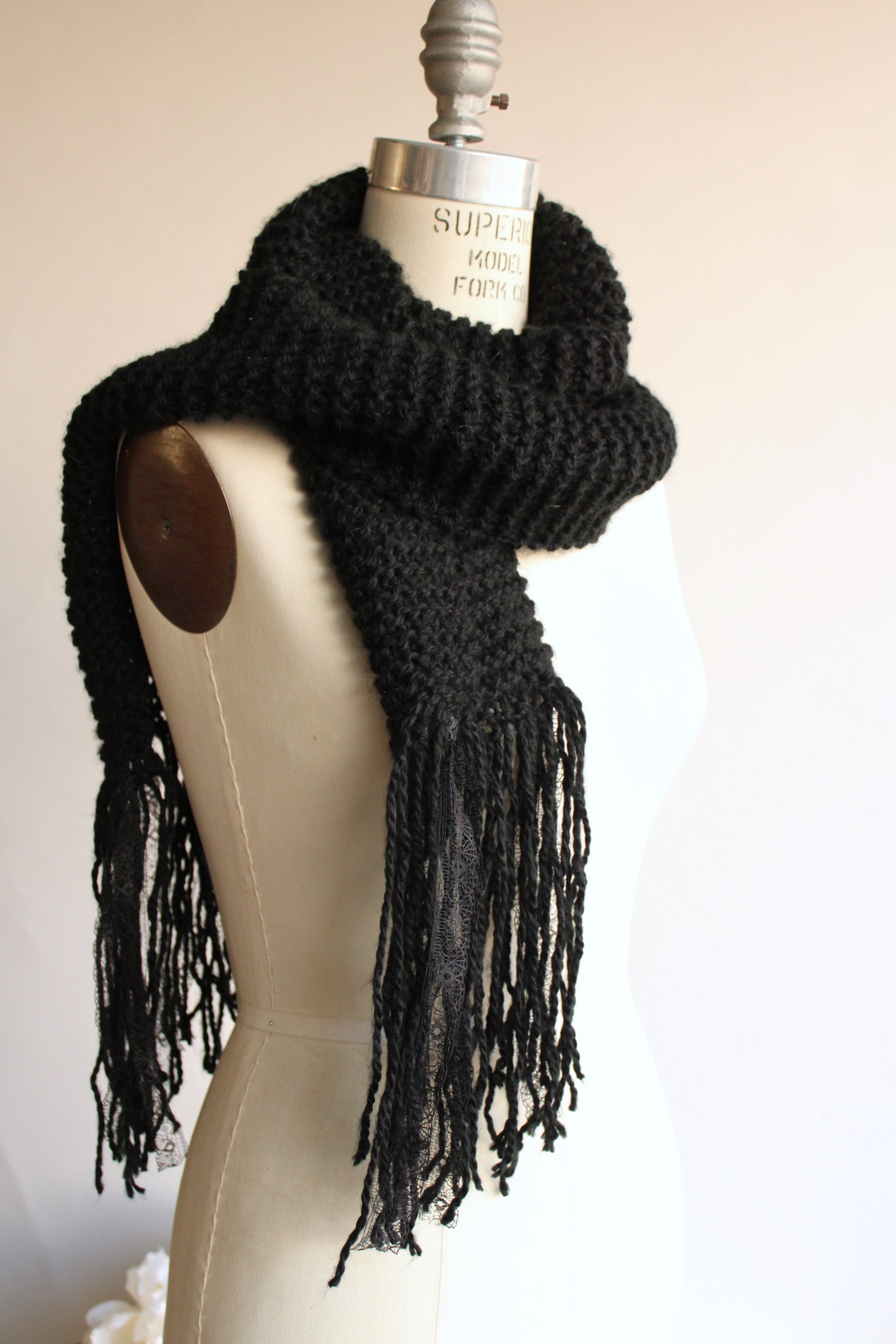 Handknit "The Peculiar" Black HandKnit  Scarf With Lace Fringe