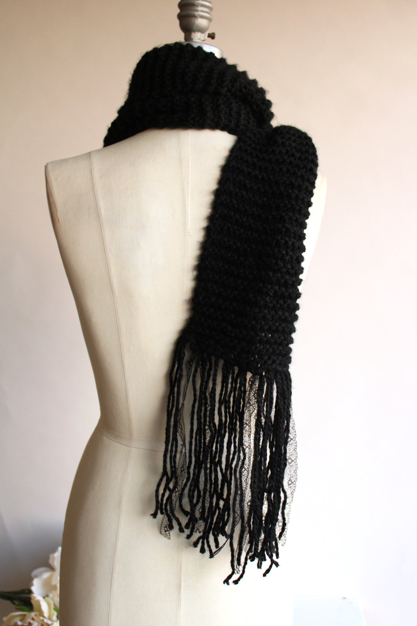 Handknit "The Peculiar" Black HandKnit  Scarf With Lace Fringe