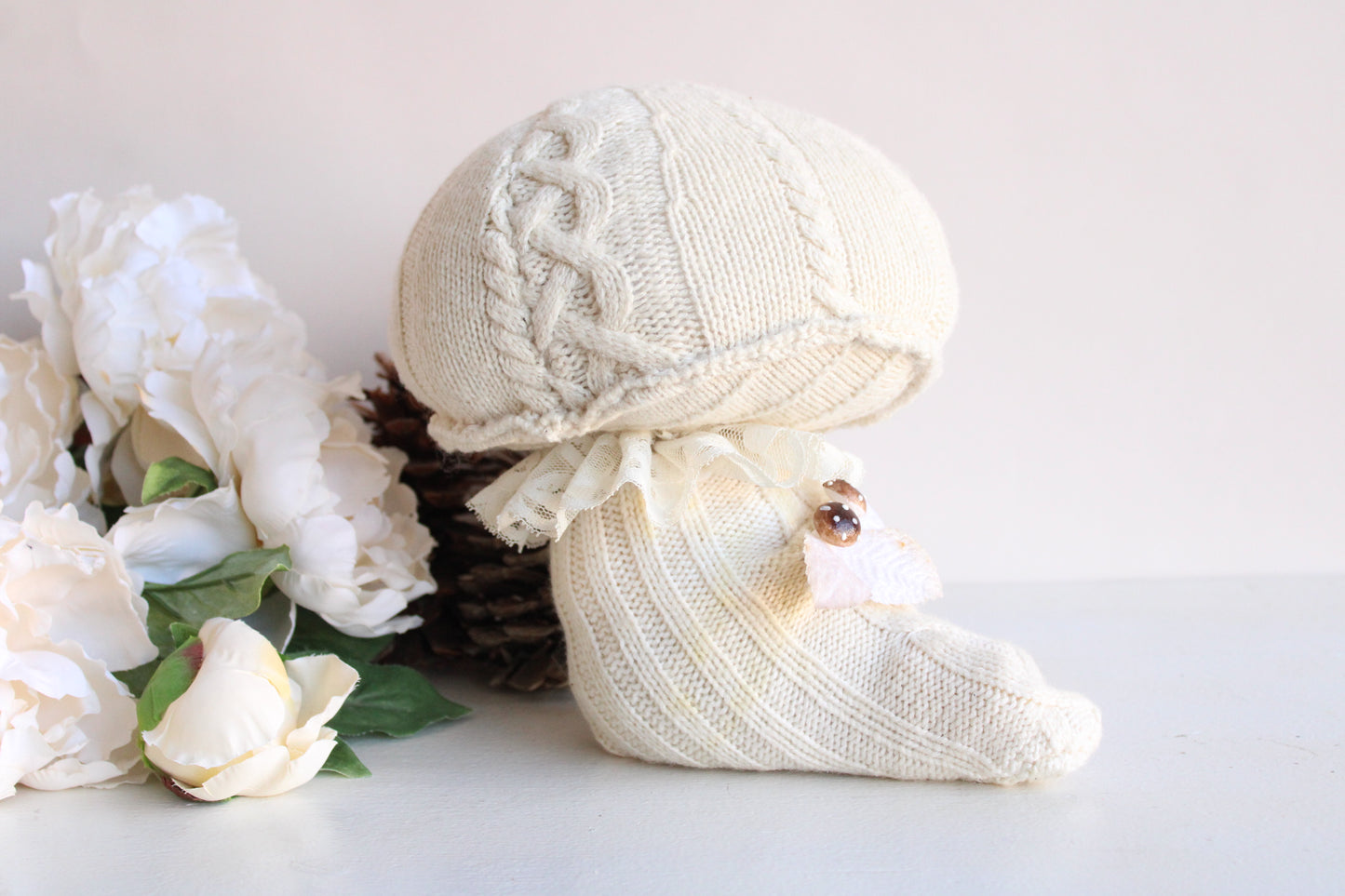 "Moon Forest" Handcrafted Sweater Toadstool with Vintage Lace, Velvet Leaves and Toadstools