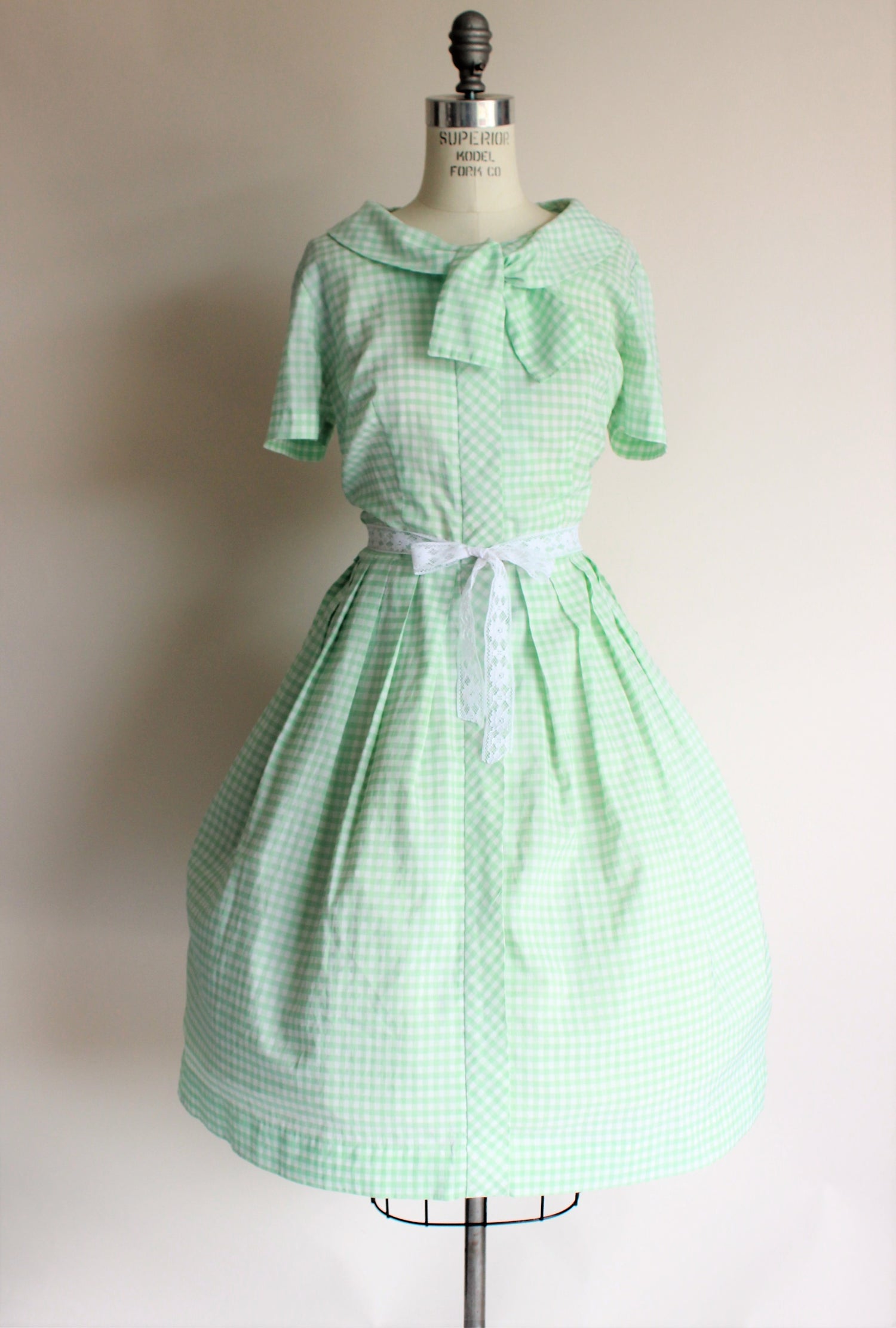 Vintage 1960s Green Gingham Carol Brent Dress with Bow