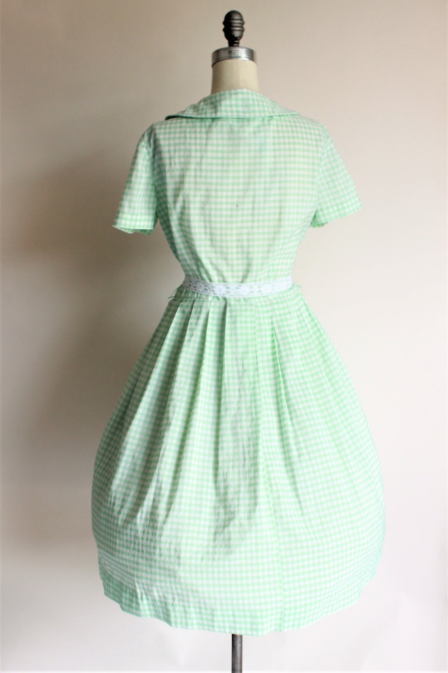 Vintage 1960s Green Gingham Carol Brent Dress with Bow