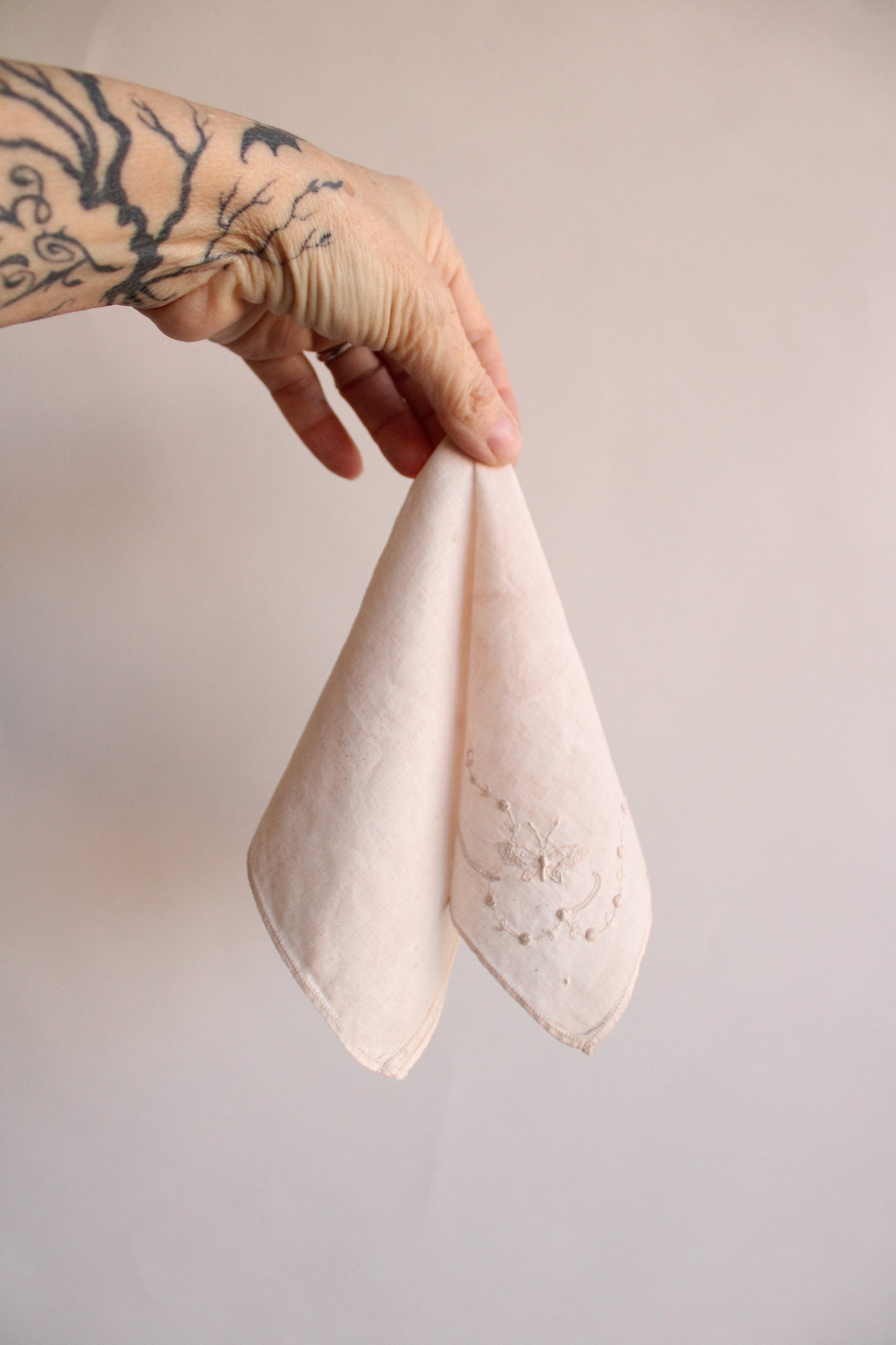 "Moth Wing" Hand Plant Dyed Vintage Handkerchief in Mottled Dusty Pink