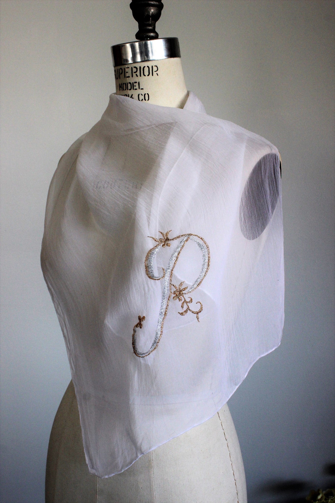 Vintage 1950s White And Gold Scarf With Monogrammed P
