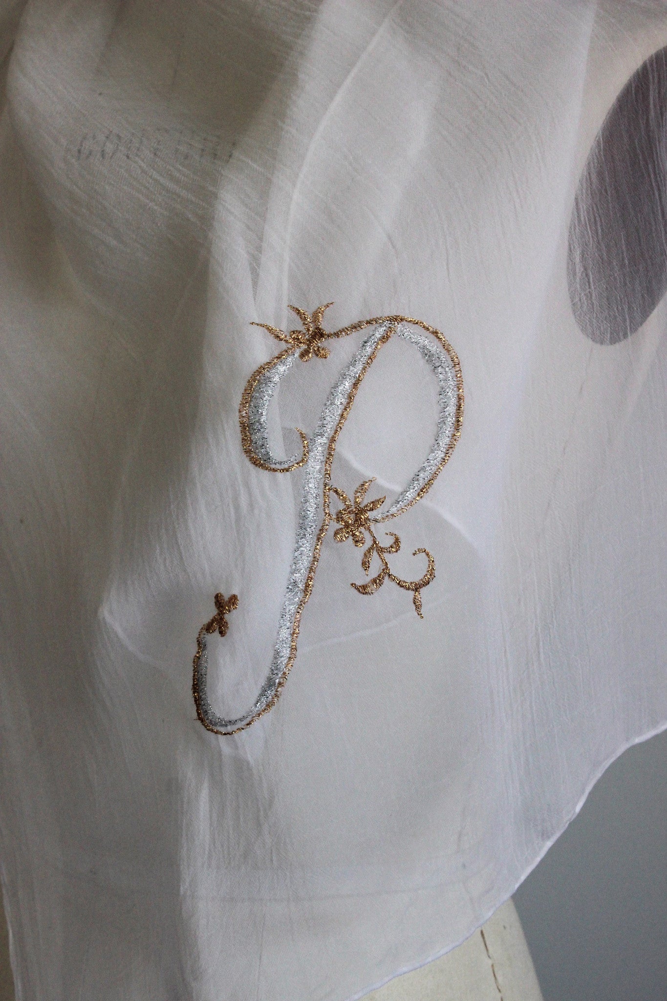 Vintage 1950s White And Gold Scarf With Monogrammed P