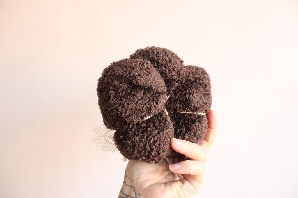 "Cafe Du Foret" Brown Knit Pumpkin Pillow Pouf with Vintage Ribbon and Vintage Velvet Leaf
