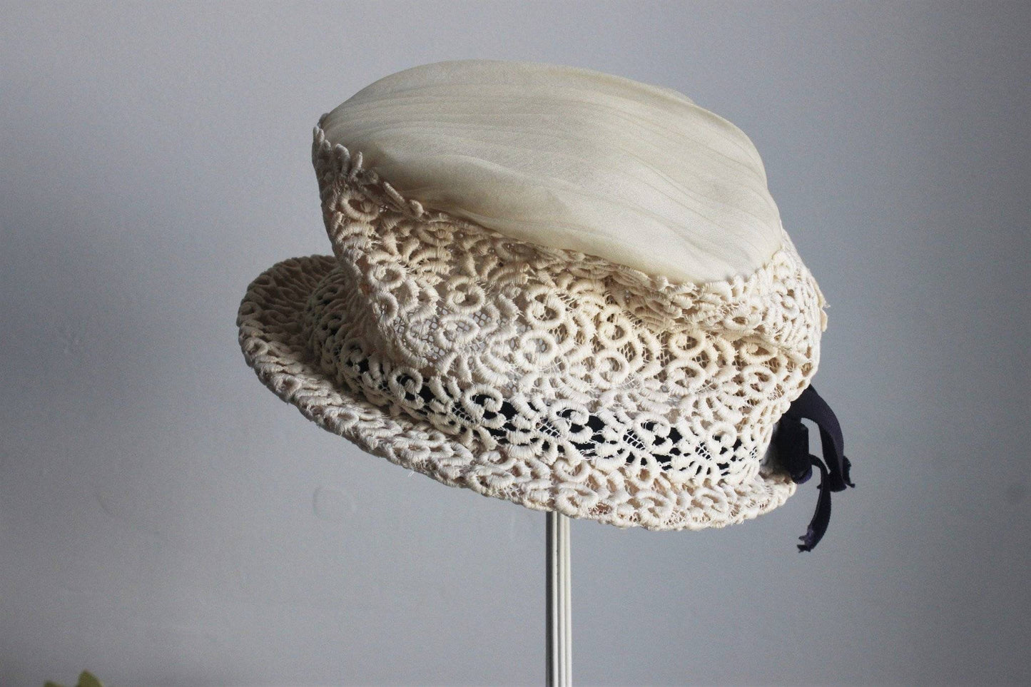 Vintage 1930s 1940s Women's Hat With Soutache And Chiffon-Toadstool Farm Vintage-black velvet ribbon,Hat,hollywood,ivory,ladies,millinery,soutache,the french shoppe,Vintage,womens