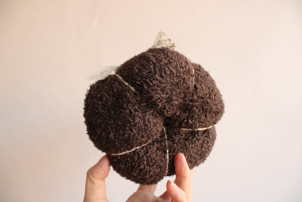 "Cafe Au Chocolat" Brown Knit Pumpkin Pillow Pouf with Vintage Ribbon and Lace