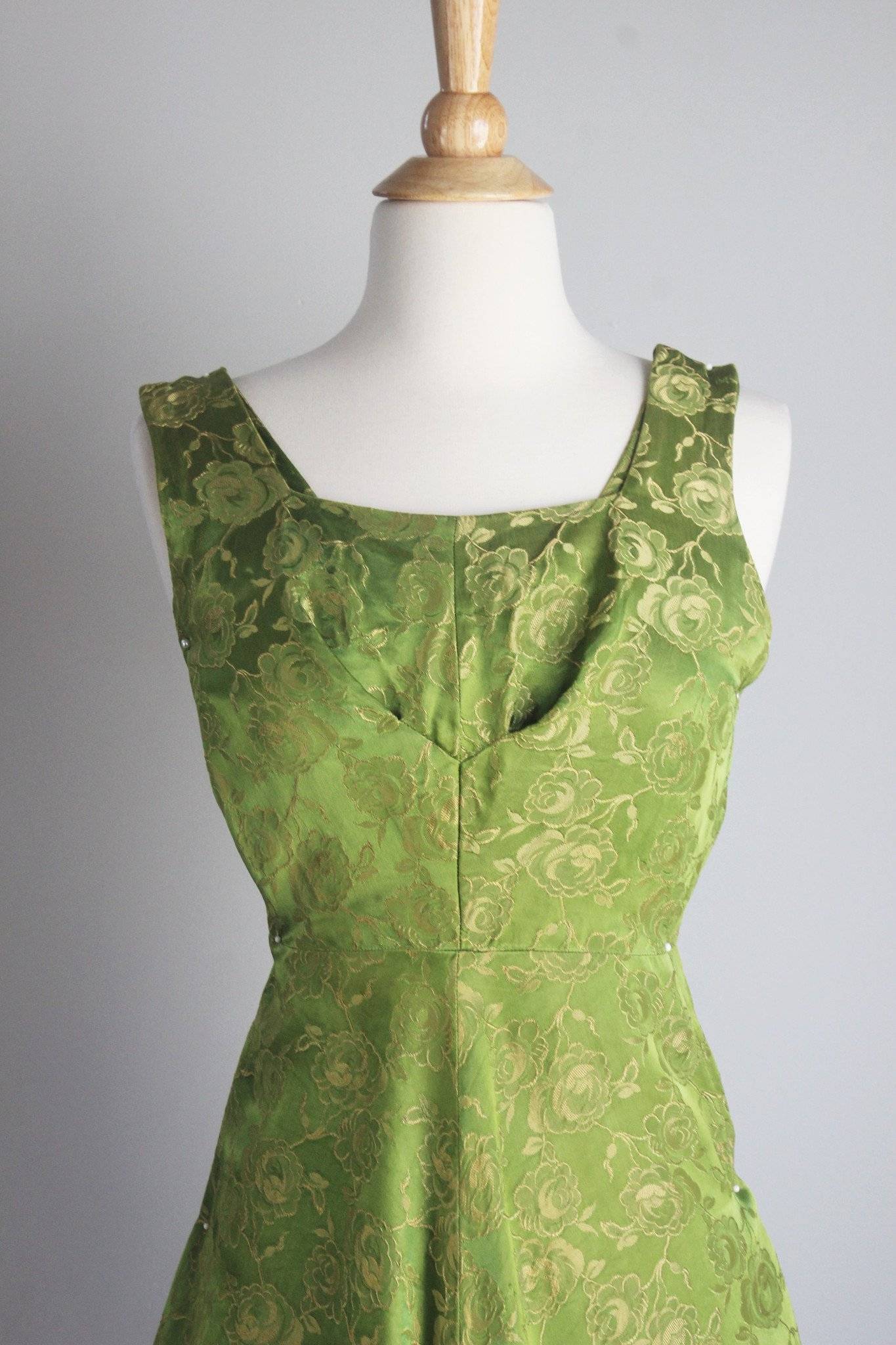 Vintage 1940s Green Damask Fit and Flare Party Dress-Toadstool Farm Vintage-coktaail,Dress,extra small,extra small petite,fit and flare,full skirt,green damask,new look,new look circle,Vintage,Vintage Clothing