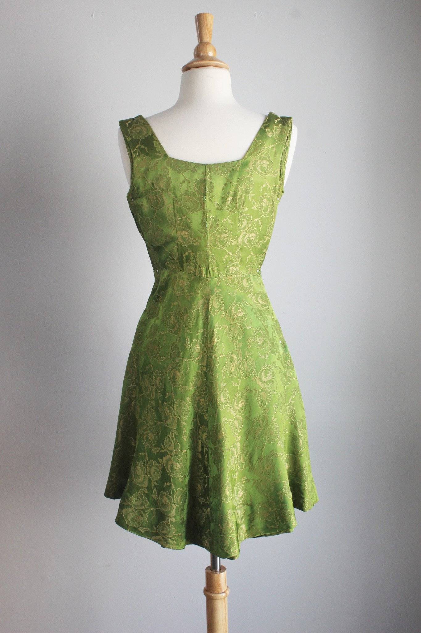 Vintage 1940s Green Damask Fit and Flare Party Dress-Toadstool Farm Vintage-coktaail,Dress,extra small,extra small petite,fit and flare,full skirt,green damask,new look,new look circle,Vintage,Vintage Clothing