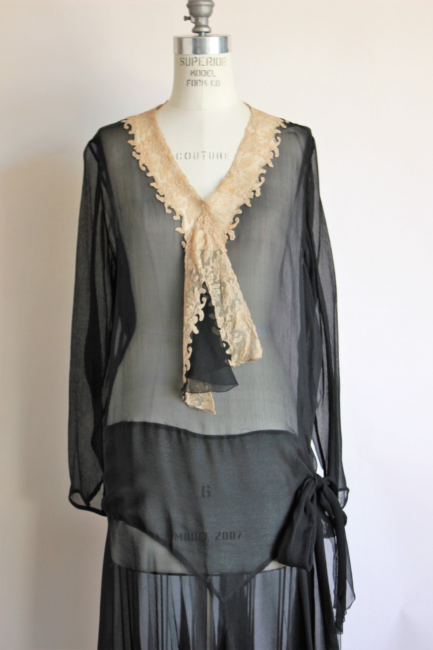 Vintage 1920s Black Silk Chiffon Dress With Ivory Lace