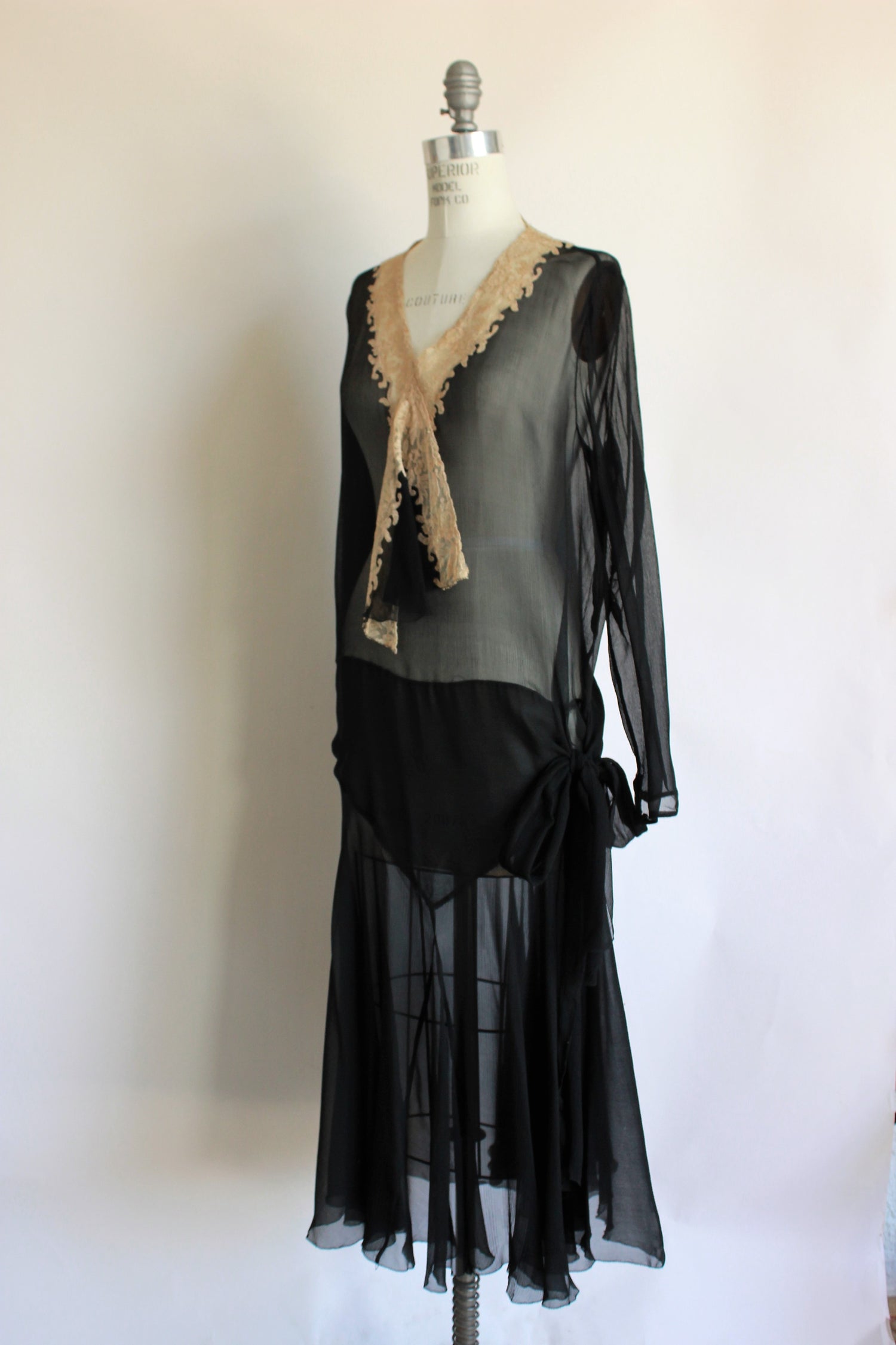 Vintage 1920s Black Silk Chiffon Dress With Ivory Lace
