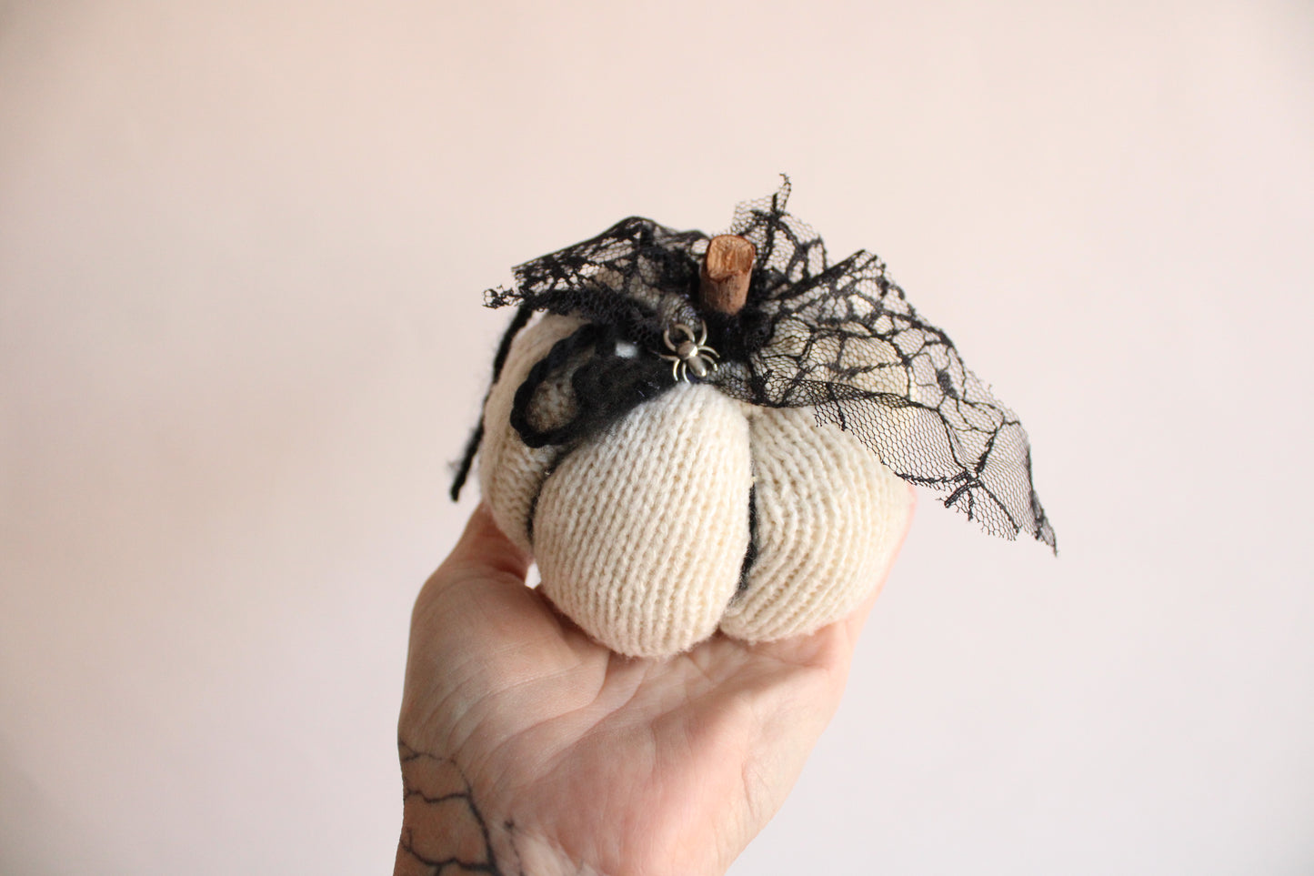 Mini Pumpkin Pillow Pouf with Teeny Spider, Web Lace and Wooden Stem
