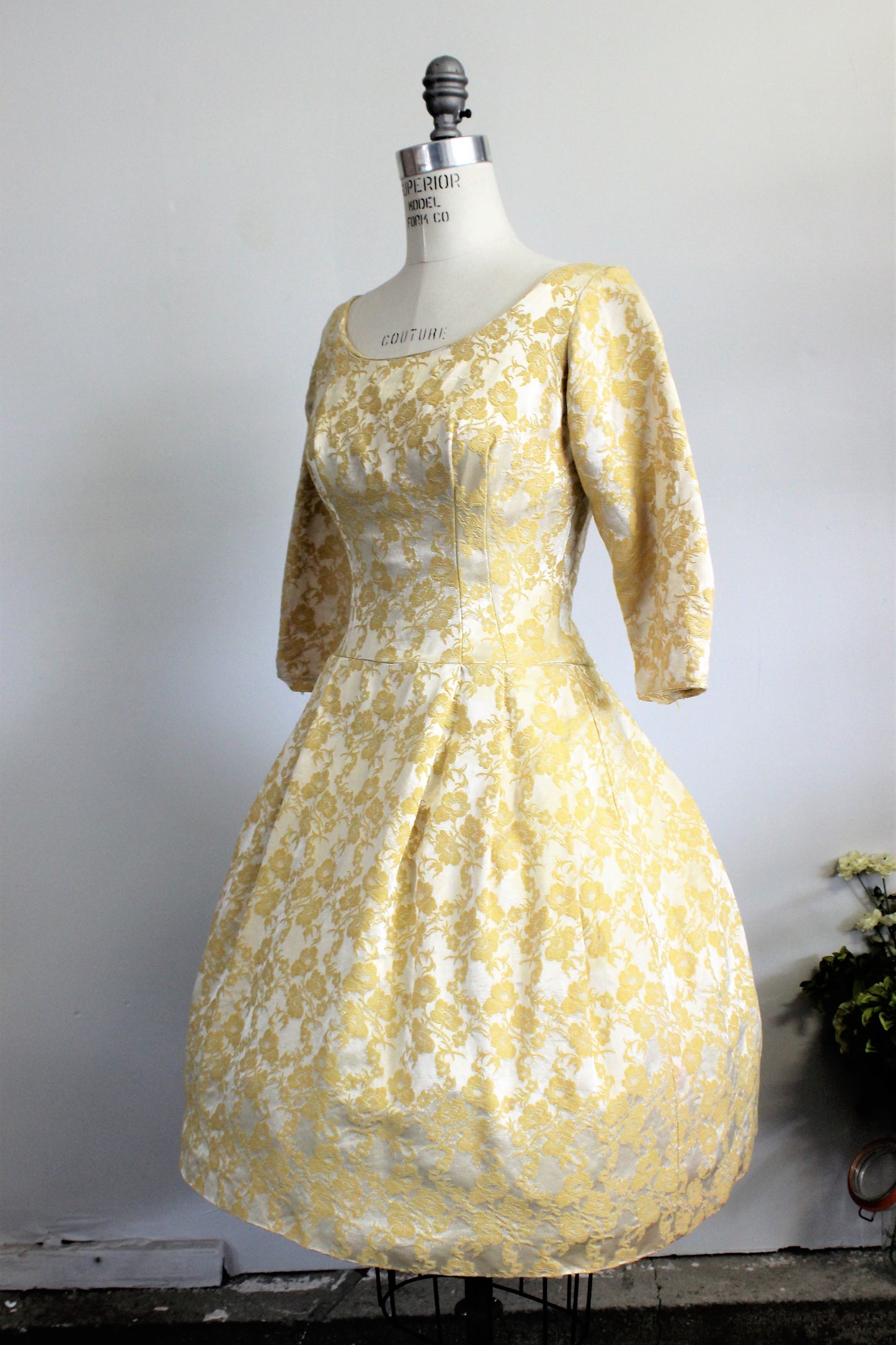 1950s Yellow Brocade Party Dress