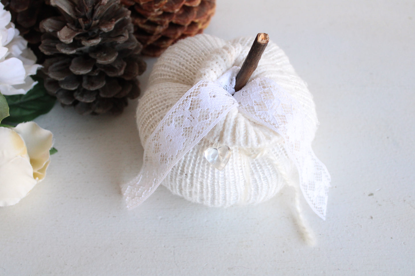 Creamy White Knit Pumpkin PIllow Pouf with Vintage Lace And Crystal Heart