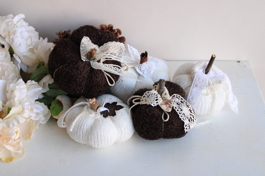 "Cafe Du Foret" Brown Knit Pumpkin Pillow Pouf with Vintage Ribbon and Vintage Velvet Leaf