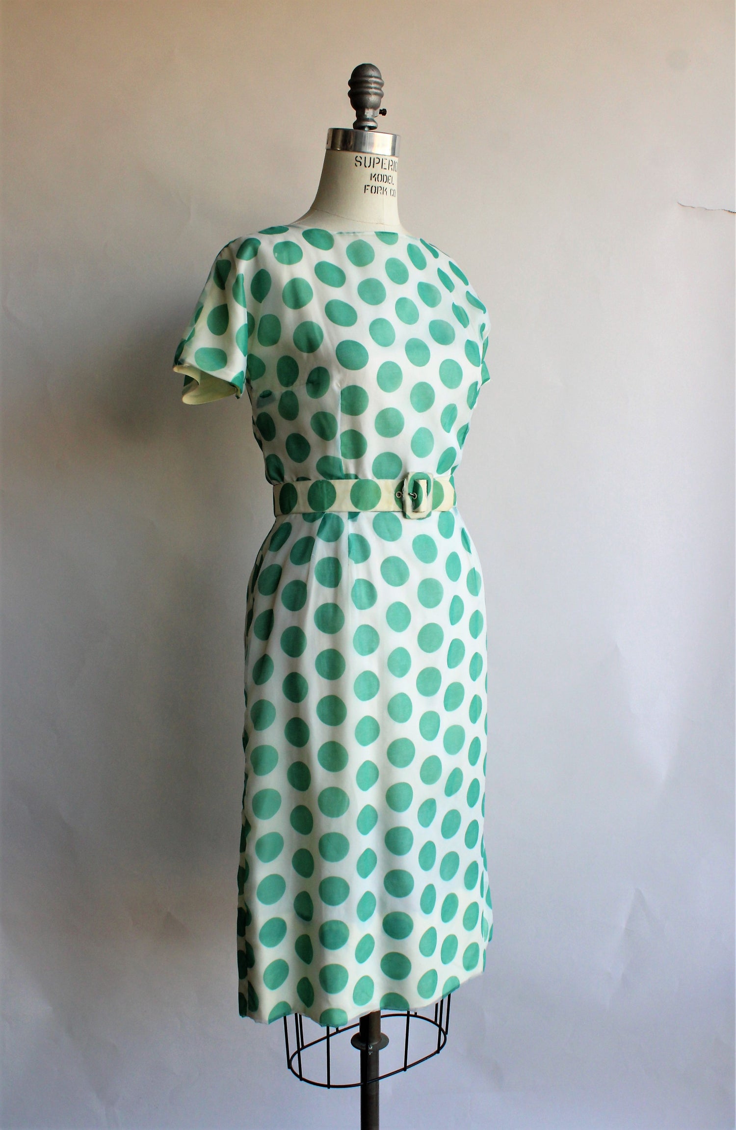 Vintage Late 1950s, Early 1960s Green Polka Dot Dress