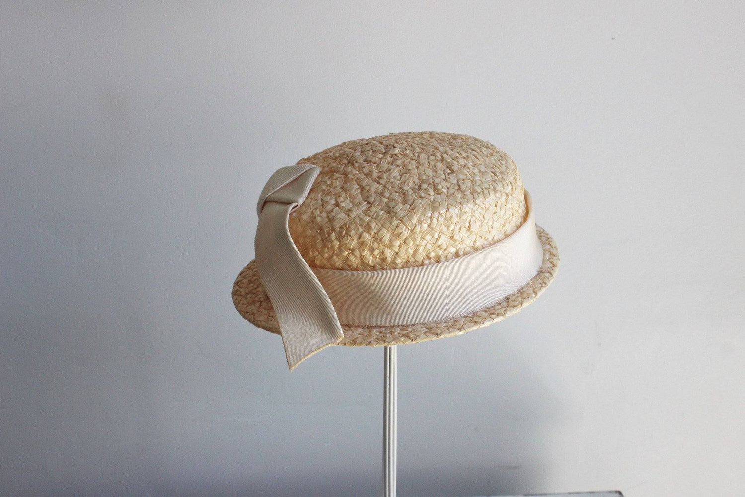 Vintage 1950s Straw Hat with Ivory Grosgrain Ribbon Trim and Hat Pin-Toadstool Farm Vintage-boater,grosgrain ribbon,hat,hat millinery,hat pin,straw,Vintage
