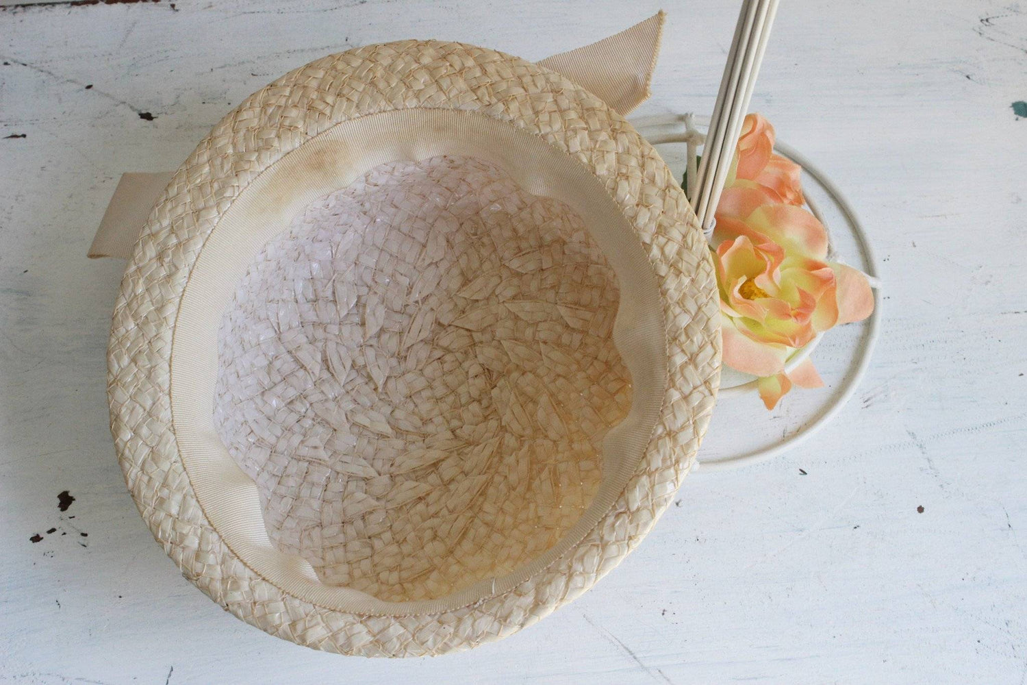 Vintage 1950s Straw Hat with Ivory Grosgrain Ribbon Trim and Hat Pin-Toadstool Farm Vintage-boater,grosgrain ribbon,hat,hat millinery,hat pin,straw,Vintage