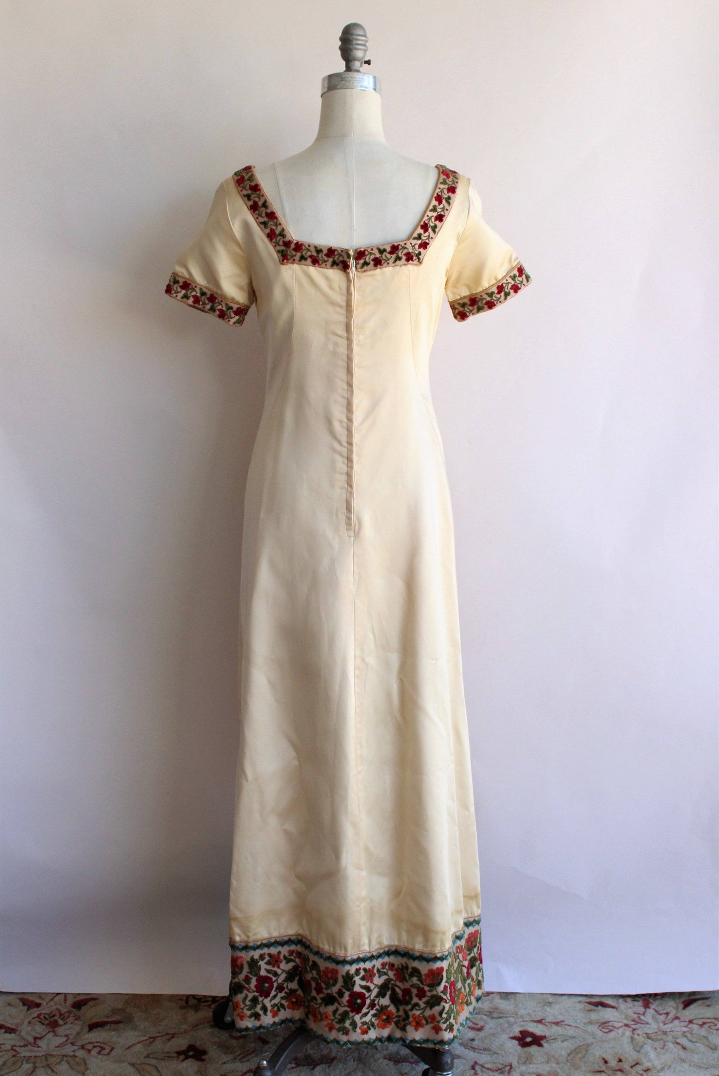 Vintage 1960s Emma Domb Ivory Satin Medieval Inspired Dress-Toadstool Farm Vintage-bridalgown,champagne,dress,emma domb,gown,renaissance inspired,satin,Vintage,Vintage Clothing,wedding,weddingdress