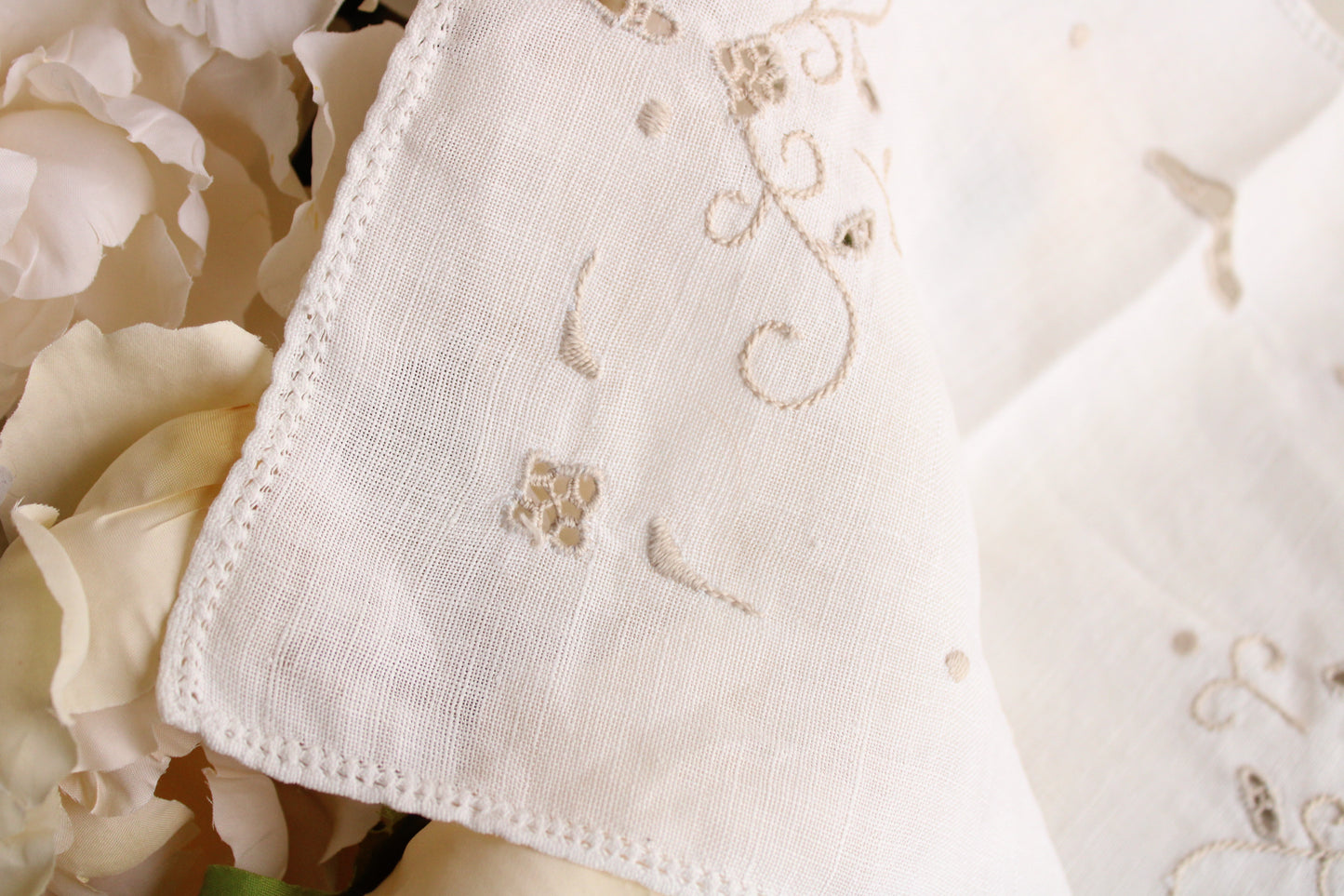 Vintage 1930s White Linen Doily with Brown Embroidery
