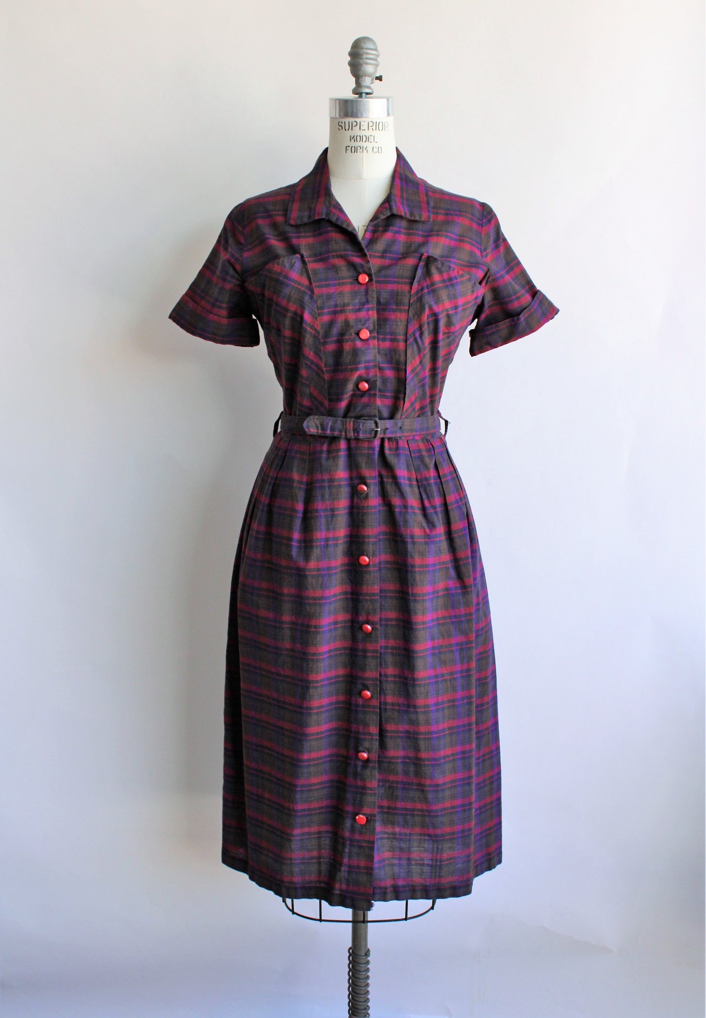 Vintage 1950s Plaid Dress with Belt