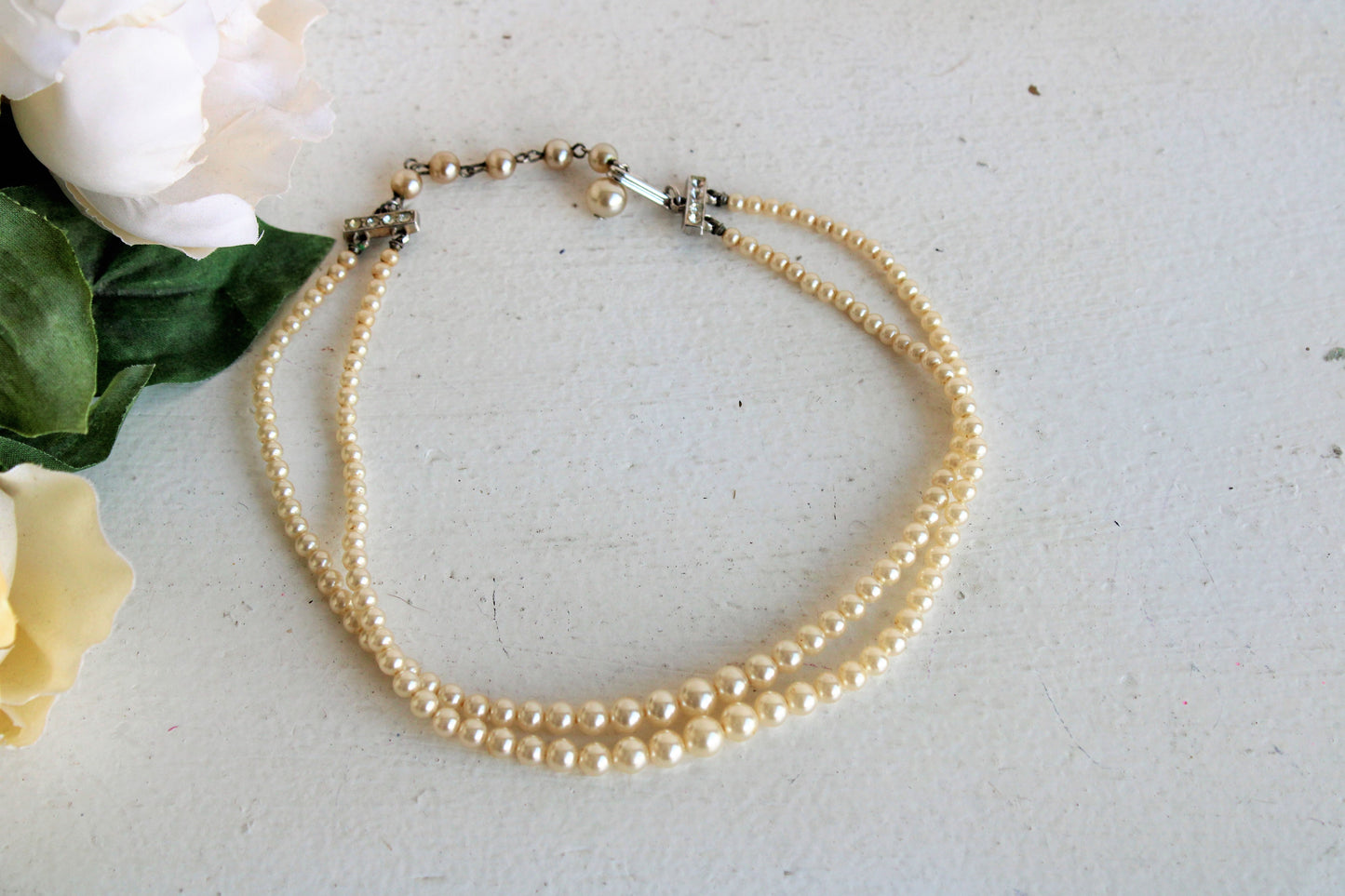 Vintage 1950s 1960s Faux Pearl Necklace, Double Strand