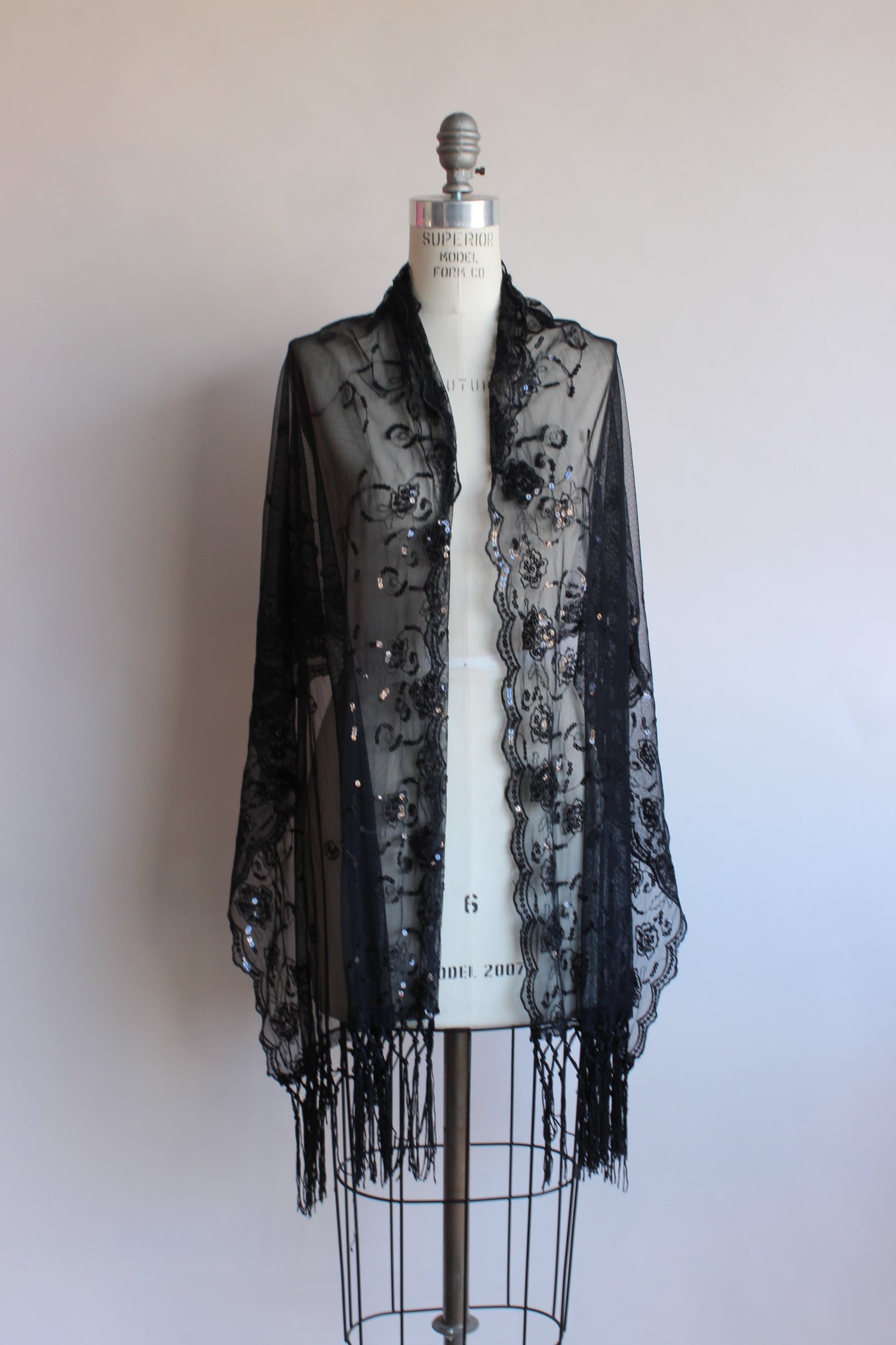 Vintage 1990s Black Lace and Sequin Scarf or Wrap.